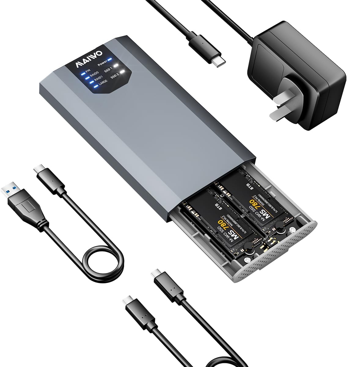 MAIWO Dual M.2 NVMe SSD Enclosure with 4 RAIDs, M.2 NVMe PCIe RAID Enclosure Supports RAID0/1/PM/Large, USB 3.2 Gen2x2 Type-C 20Gbps Speed, 8TB Capacity