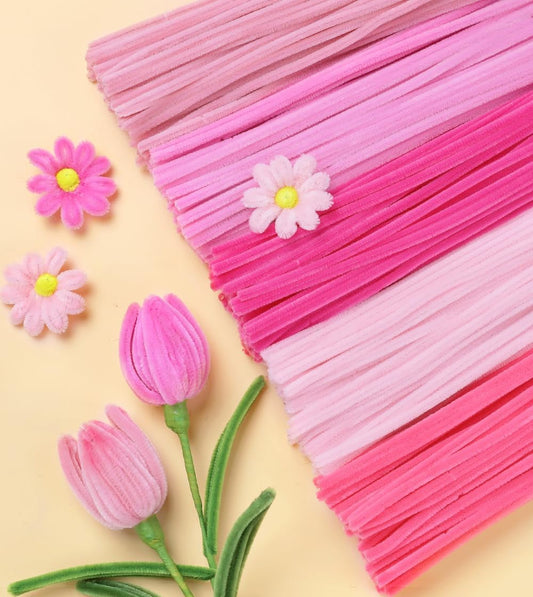 IOOLEEM Pink Pipe Cleaners,200pcs in 5 Colors, Chenille Stems for Art and Craft Projects, Flower DIY Decorations
