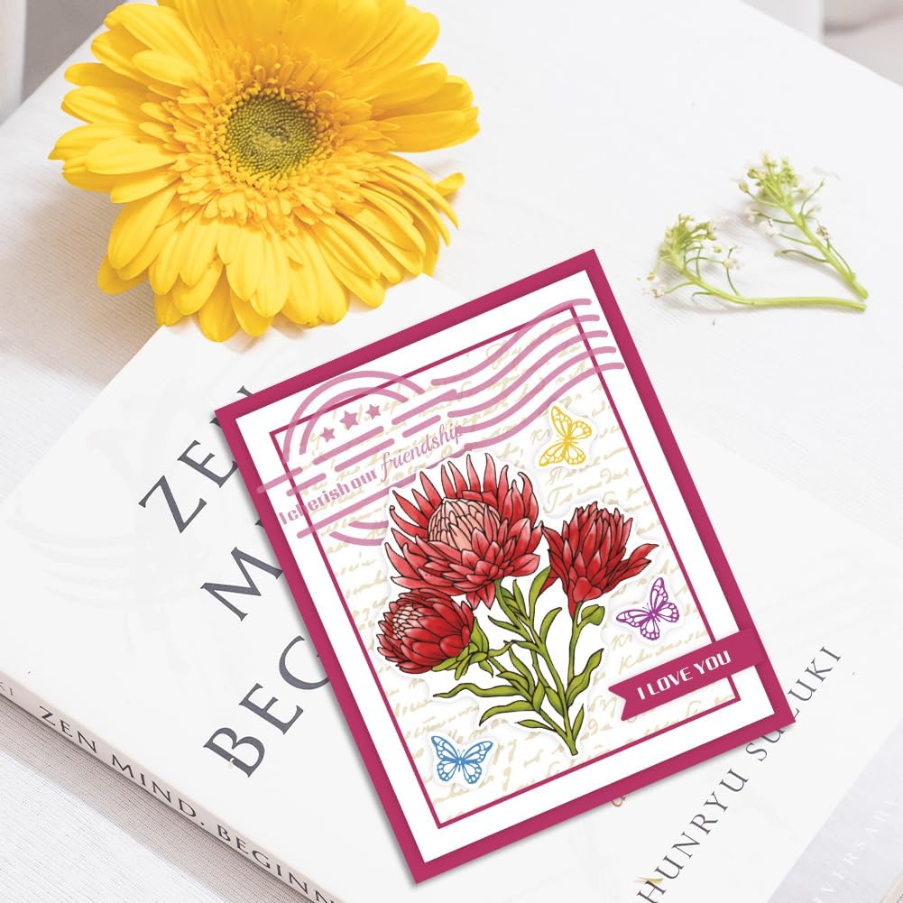 ORIGACH Realistic Protea Cynaroides Flower Layering Stencil Stamp and Die Set for Card Making, Silicone Stamps Metal Die Cut and Template for Card Making Scrapbooking DIY Crafting