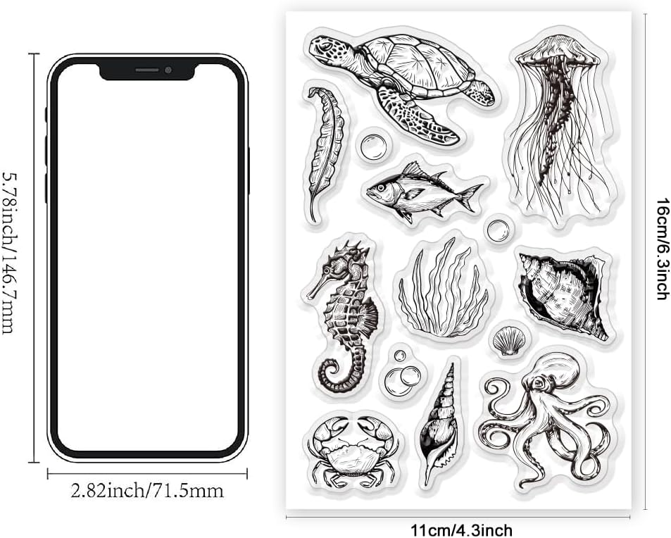 Summer Ocean Sea Turtle Clear Stamps for DIY Craft Turtle Clear Stamps for Card Making Decoration Marine Shell Starfish Animals Seahorse Transparent Silicone Seals Stamp Rubber Stamps Decor