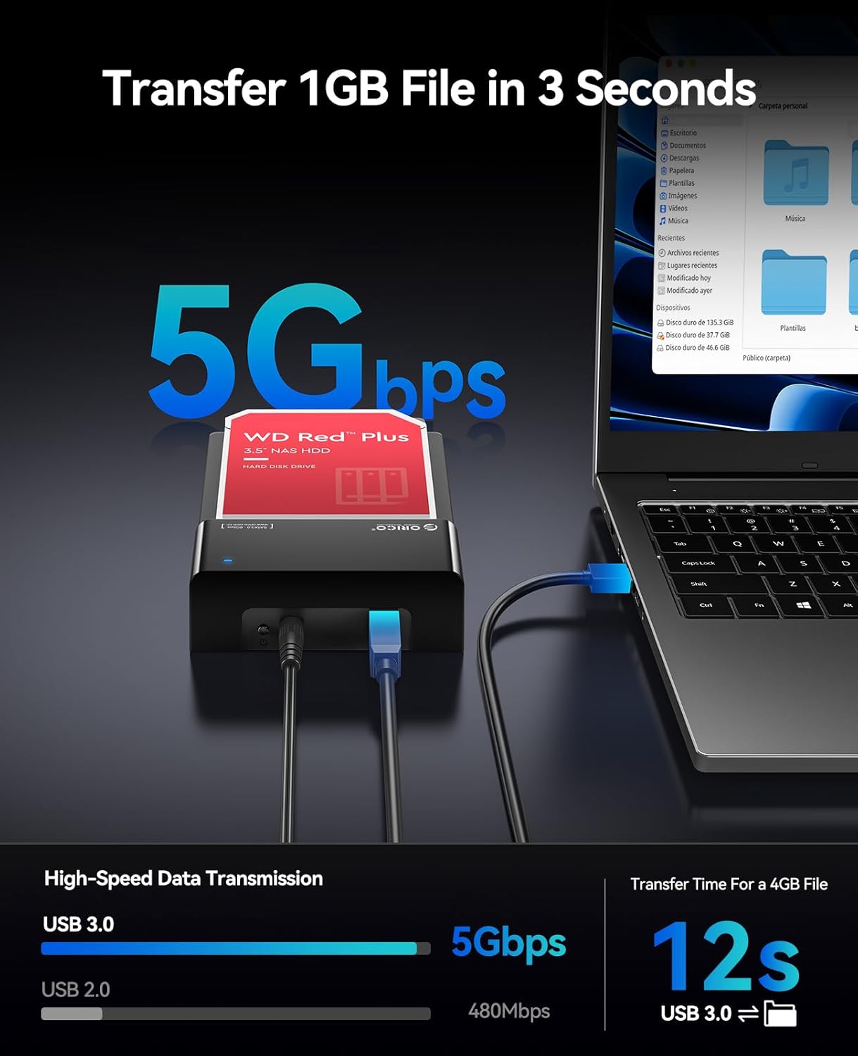 ORICO External USB 3.0 to SATA Hard Drive Lay-Flat Docking Station for 2.5 or 3.5in HDD, SSD Up to 24TB [Support UASP]