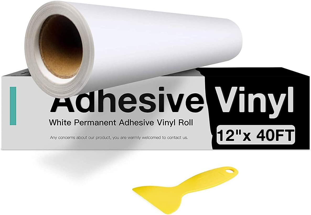 HTVRONT White Permanent Vinyl, Adhesive Vinyl Roll 12" x 40 FT for All Cutting Machine, Silhouette, Cameo Cutters, Signs, Scrapbooking, Craft, Die Cutters (Matte White)