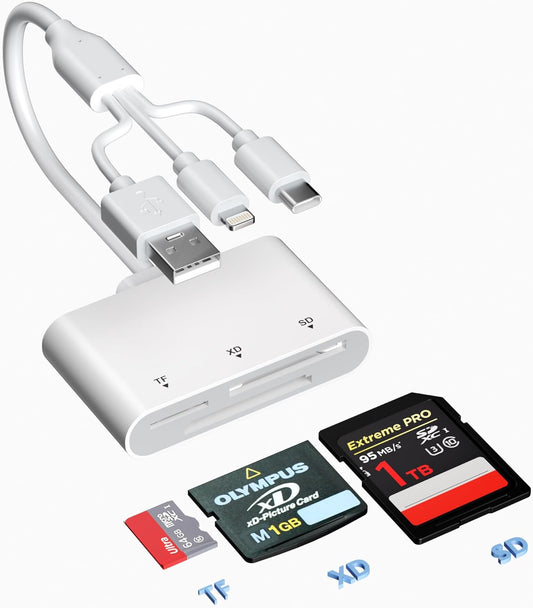 XD/TF/SD to iPhone Adapter Reader with USB-C, USB-A, Lightning - 3in1 SD MicroSD xD-Picture Card Reader, OTG Adapter SD Card Adapter for Smartphone/iPhone 17/16/15/14/13/iPad/PC/Android/Macbook/Camera