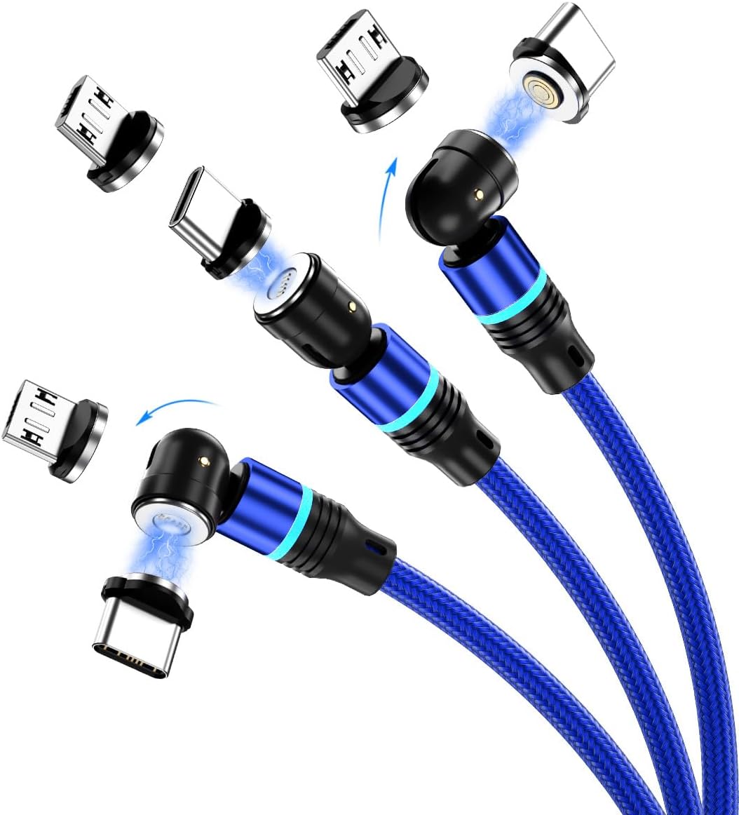 Magnetic Charging Cable (6-Pack,1.6+3.3+3.3+6.6+6.6+10ft) 540° Rotation 3A Fast Charging Data Sync 3 in 1 Magnetic Phone Charger Cable with LED Light Compatible with Micro USB Type C Phone Device