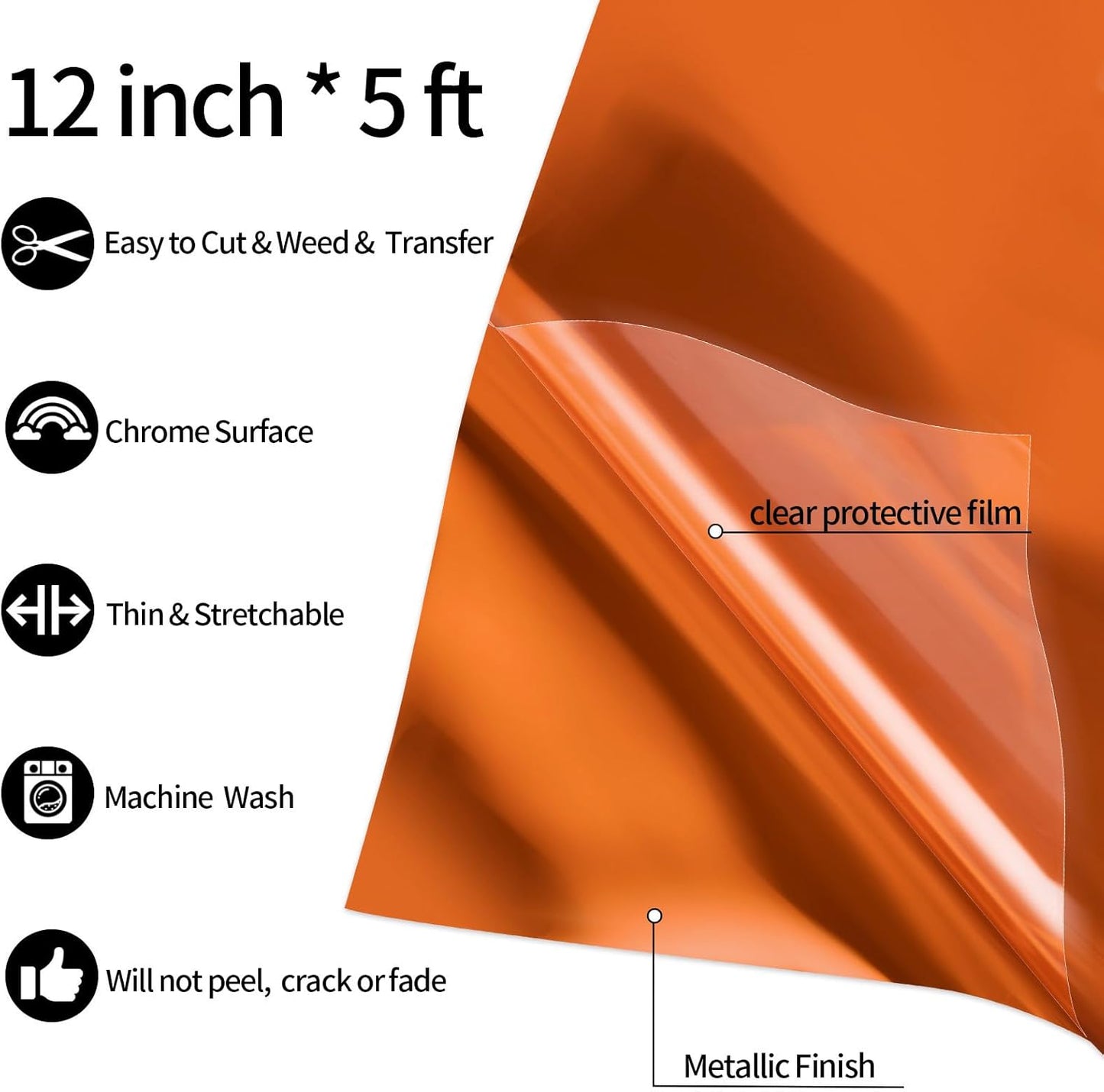 VINYL FROG Metallic Foil HTV Vinyl Roll 12" x5ft Orange Chrome Heat Transfer Vinyl Iron on Vinyl Easy to Cut & Weed DIY Heat Press Design for T-Shirts