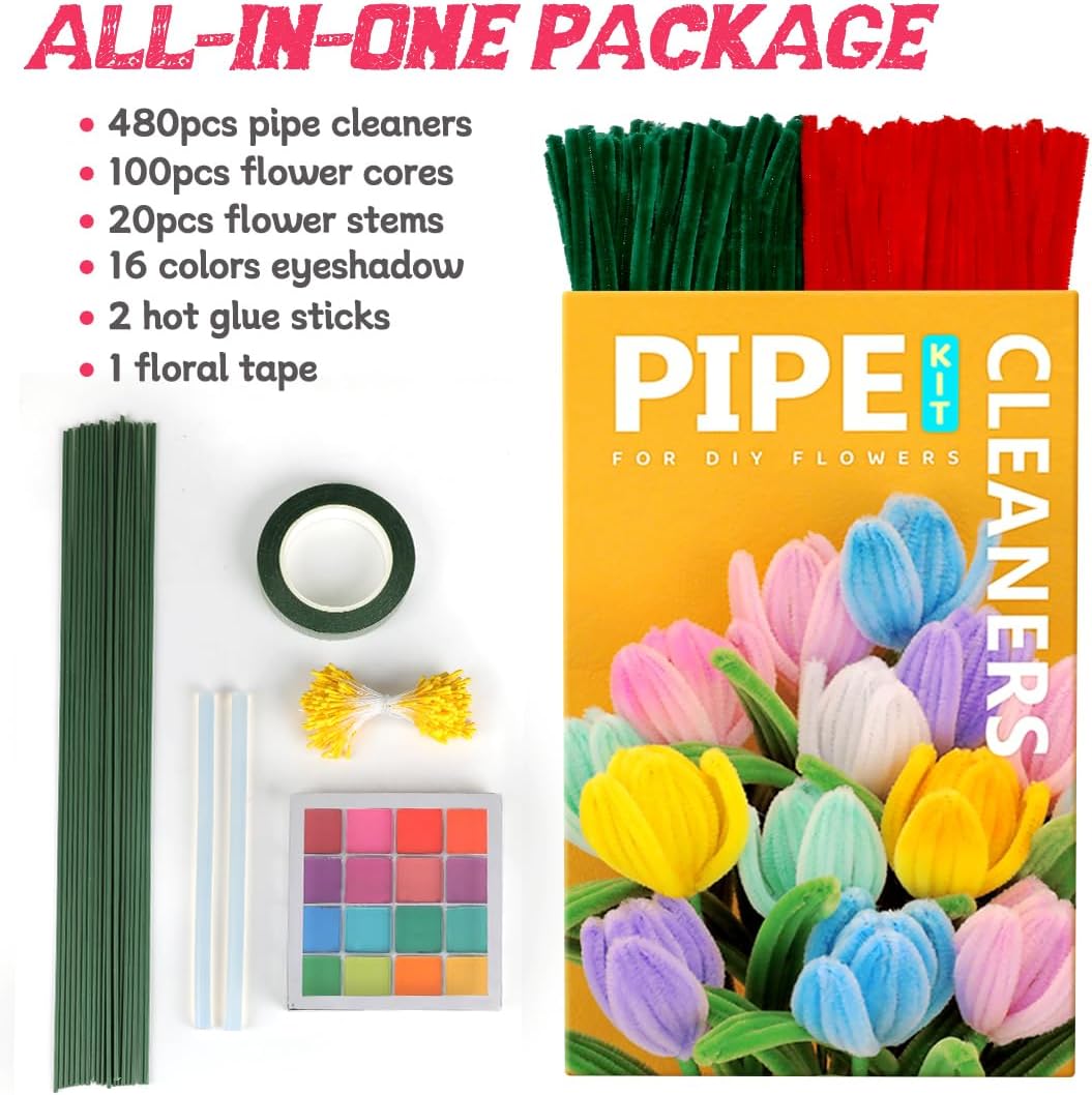 IOOLEEM Pipe Cleaners, 480pcs Red Roses, Flower Making Kit, Arts and Craft Supplies, Ideas for Art Project Activity.