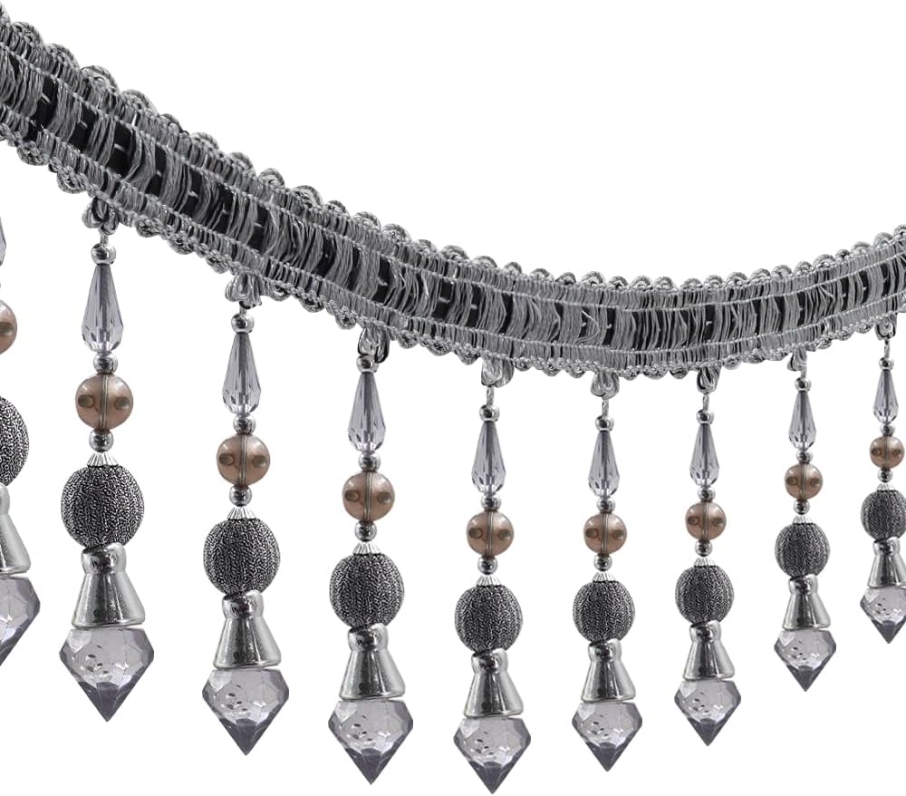 3yards Beading Fringe Trimming Long Beads Tassel Curtain Trim Ribbon Trim for Cover Edge Decorative (Gray)