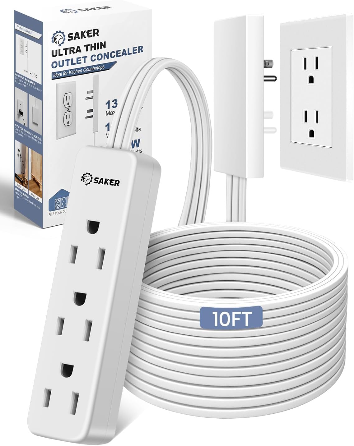 Saker Outlet Concealer Power Strip | 10ft Flat Plug Extension Cord with 3 Outlets,1625W | Universal Size Baby Proof Outlet Cover Extension Cord for Kitchen, Home and Office(10ft)