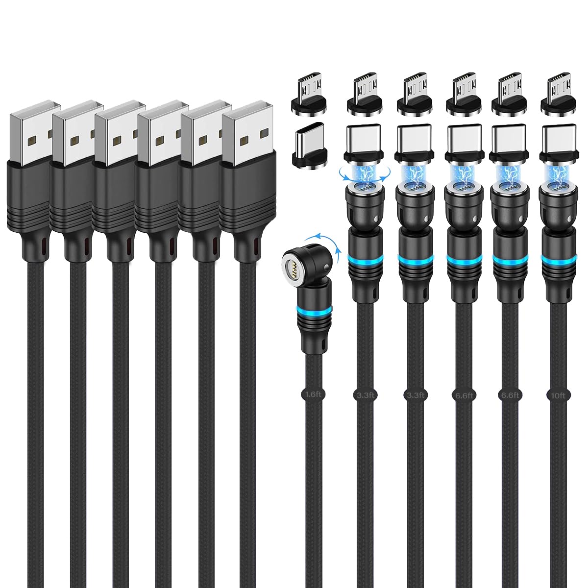 Magnetic Charging Cable (6-Pack,1.6+3.3+3.3+6.6+6.6+10ft) 540° Rotation Magnet Phone Charger USB C Cable 3A Fast Charging Magnetic Charger Cable with LED Light for Micro USB Type C Device