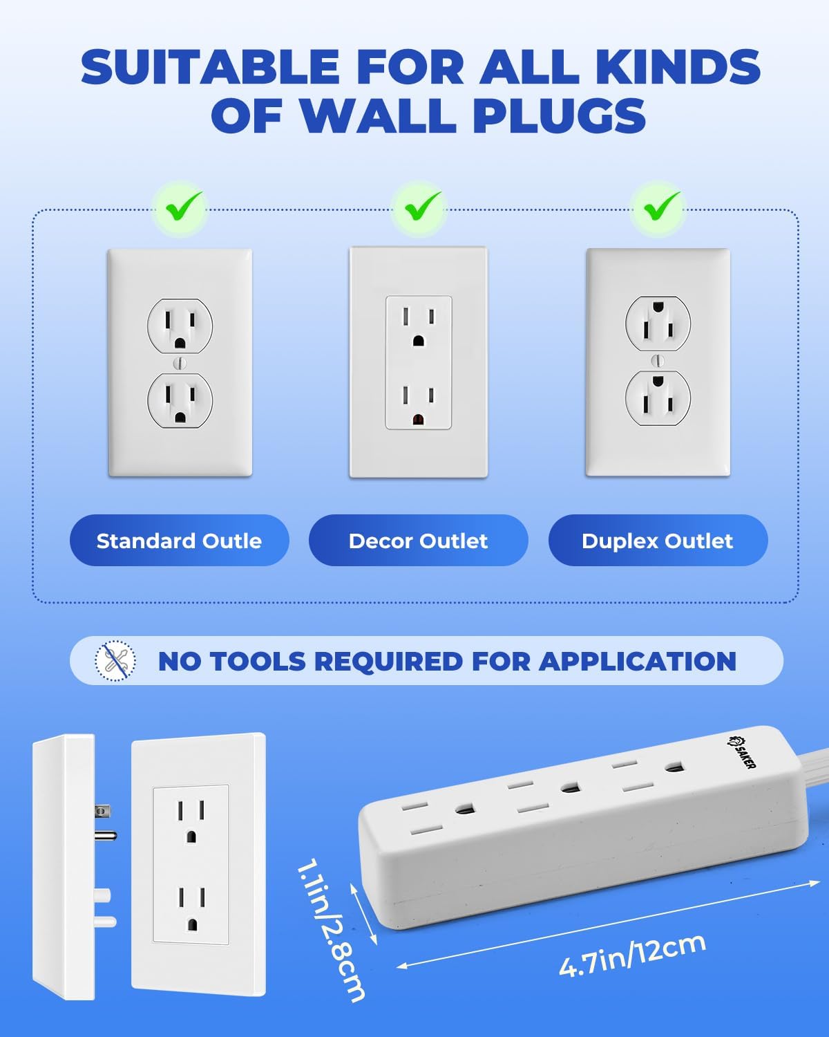 Saker Outlet Concealer Power Strip | 10ft Flat Plug Extension Cord with 3 Outlets,1625W | Universal Size Baby Proof Outlet Cover Extension Cord for Kitchen, Home and Office(10ft)