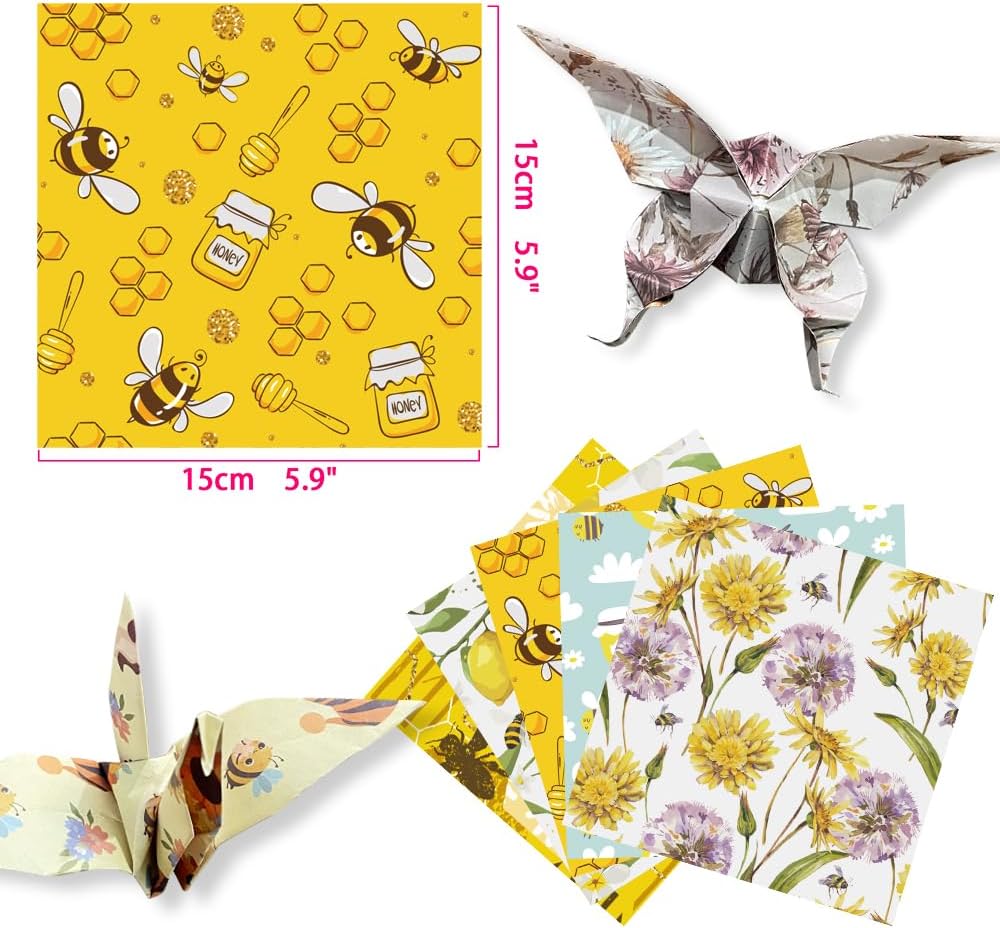 Square Origami Paper 6x6 Double Sided 50 Sheets 50 Colors 70GSM Origami Kit Japanese Chiyo Easy Fold Arts Crafts DIY Handwork Beginner Bee
