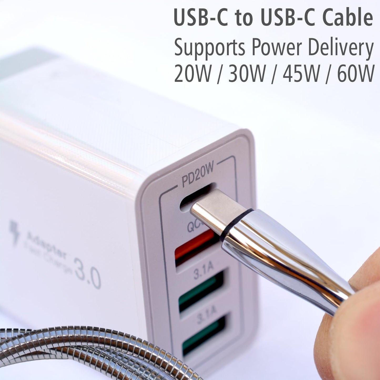 Metal Braided Wire USB C to USB C Cable 6ft, 2Pack, 60W 3A, Stainless Steel, Strong Durable Wire, Tangle Free, Pets Chewing Proof, Silver