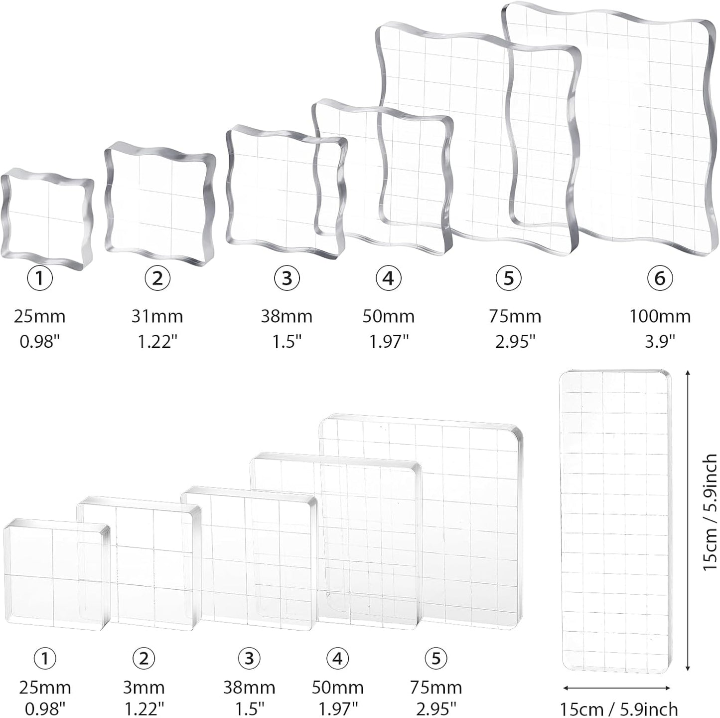 12Pcs Acrylic Stamp Block Clear Stamping Blocks Tools Set Assorted Sizes Stamp Blocks with Grid Lines for Scrapbooking Crafts Card Making