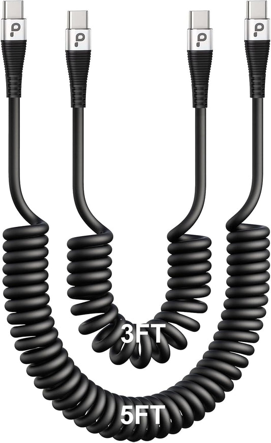 Coiled USBC to USBC Cables for Car 3FT/5FT, USB C to USB C Fast Charging Cables Short Type C Cord for iPhone 17/16/15/Pro/Plus/Pro Max/Samsung Galaxy S23, Compatible All Type C Devices-Silver 2Pack