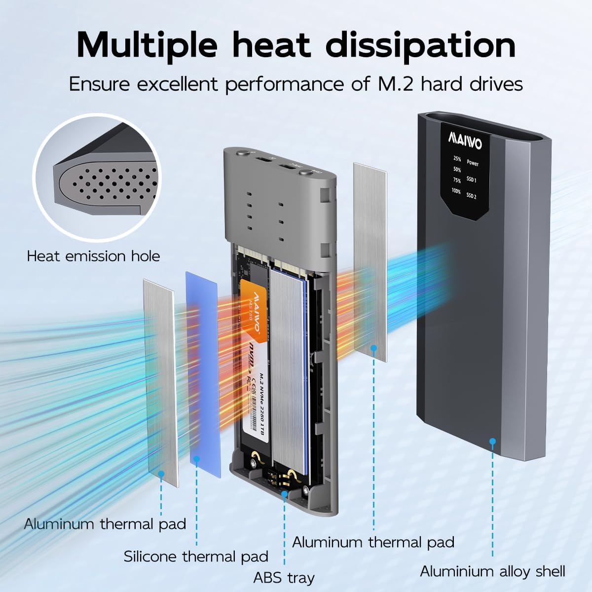 MAIWO Dual-Bay M.2 SSD Enclosure Cloner for NVMe & SATA, USB3.2 GEN2X2 10Gbps M.2 Offline Duplicator Supports SATA to NVMe and NVMe to SATA, Dual M.2 Enclosure for SSDs Sizes 2230/2242/2260/2280
