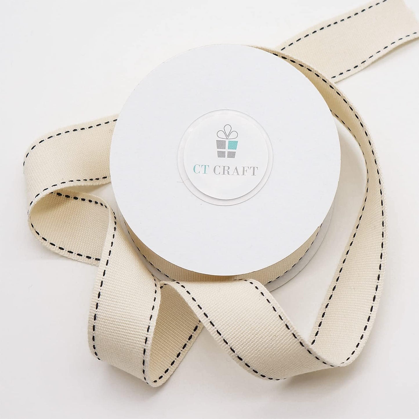 CT CRAFT LLC Ivory Cotton Black Stitched Ribbon 7/8" x 10 Yards for Home Décor Gift Present Wrapping DIY Crafts Birthday Wedding Bouquet Christmas