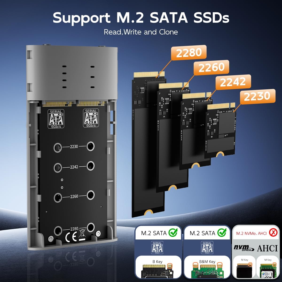 MAIWO Dual Bay M.2 SATA SSD Enclosure Cloner, USB3.1 Gen2 Type C 6Gbps B-Key/B+M Key Solid State Drive Reader for SSD Size 2230/2242/2260/2280