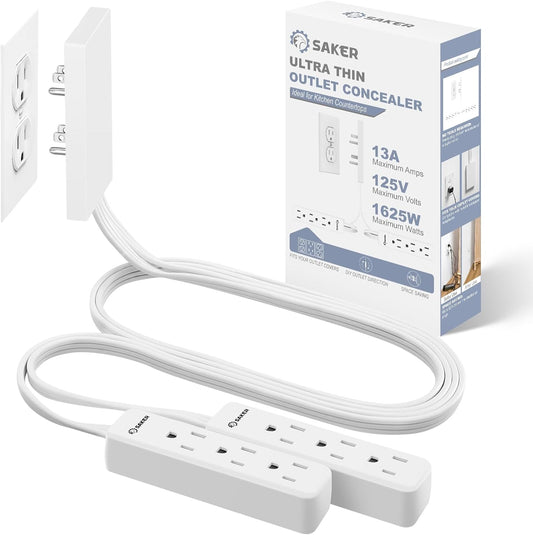 Saker Dual 5ft Flat Extension Cord with 6 Outlets, 1625W | Outlet Cover Extension Cord, Flat Plug, Baby Proof, Universal Size for Home, Kitchen, Office | Safe Outlet Concealer