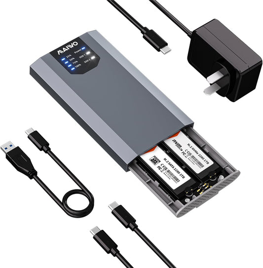 MAIWO Dual-Bay M.2 SSD Enclosure Cloner for NVMe & SATA, USB3.2 GEN2X2 10Gbps M.2 Offline Duplicator Supports SATA to NVMe and NVMe to SATA, Dual M.2 Enclosure for SSDs Sizes 2230/2242/2260/2280