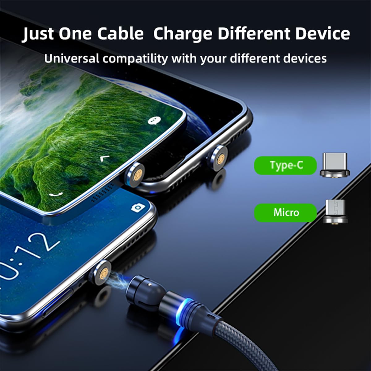 Magnetic Charging Cable (6-Pack,1.6+3.3+3.3+6.6+6.6+10ft) 540° Rotation Magnet Phone Charger USB C Cable 3A Fast Charging Magnetic Charger Cable with LED Light for Micro USB Type C Device