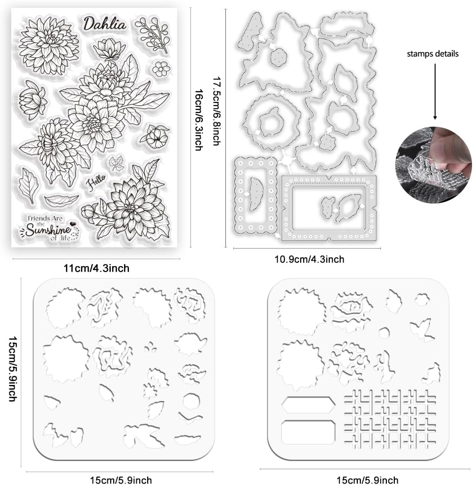 ORIGACH Realistic Dahlia Layering Stencils Set for Card Making, Dahlia Silicone Stamps and Die Sets and Flower Stencil Template for Scrapbooking DIY Crafting