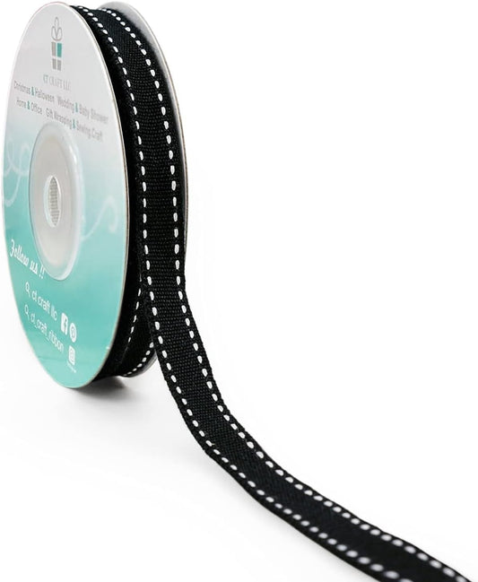 CT CRAFT LLC Black Cotton White Stitched Ribbon 3/8" x 10 Yards for Home Décor Gift Present Wrapping DIY Crafts Birthday Wedding Bouquet Christmas