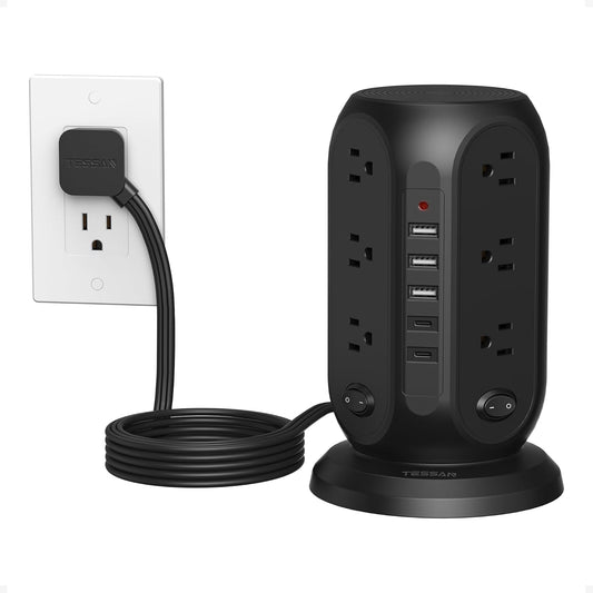 Black Surge Protector Power Strip with 4 Individual Switches, TESSAN USB C Charging Station Power Tower with Flat Extension Cord 10 Ft, 12 Outlets Black Extension Cord, Dorm Room, Office Accessories