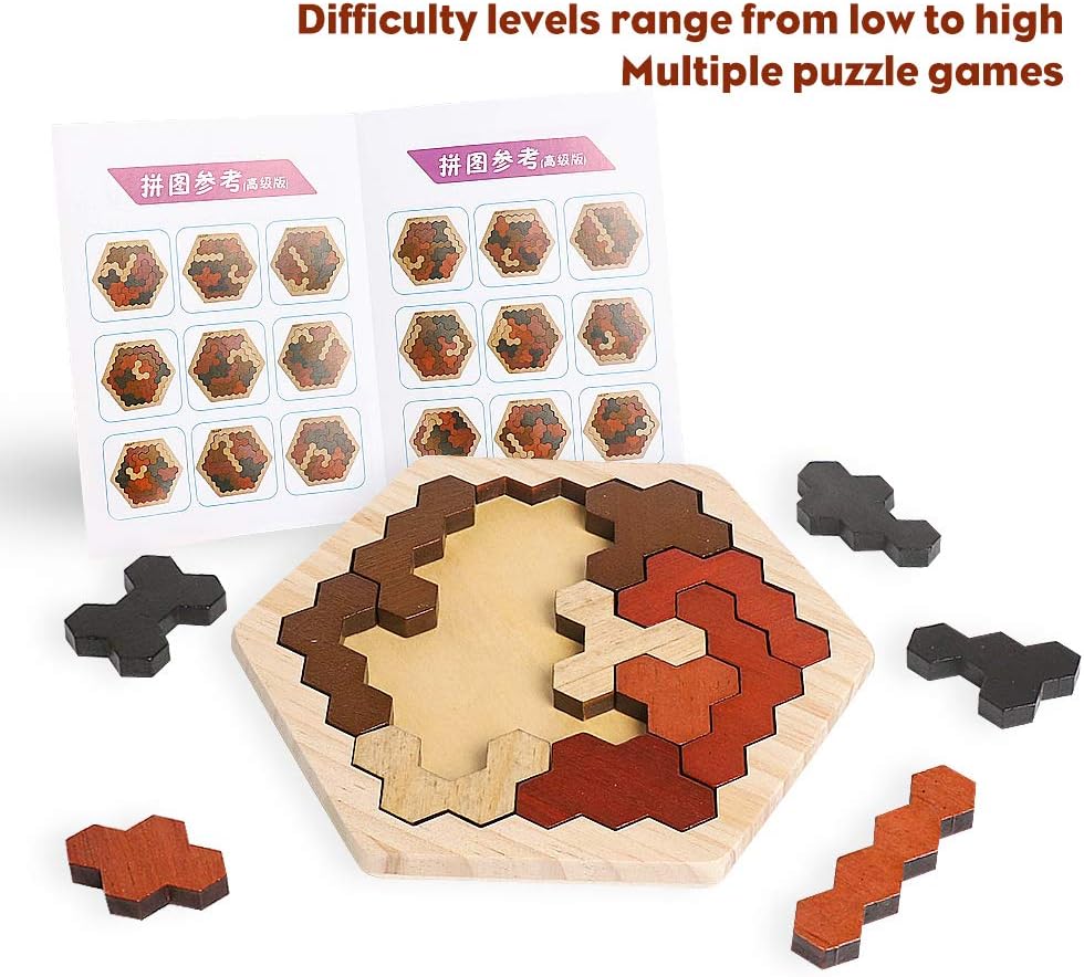 Skrtuan Wooden Hexagon Puzzle for Kids & Adults, Montessori STEM Educational Toy with Colorful Shapes, Logic IQ Brain Teaser Game for Kids, Geometry Tangram Gift