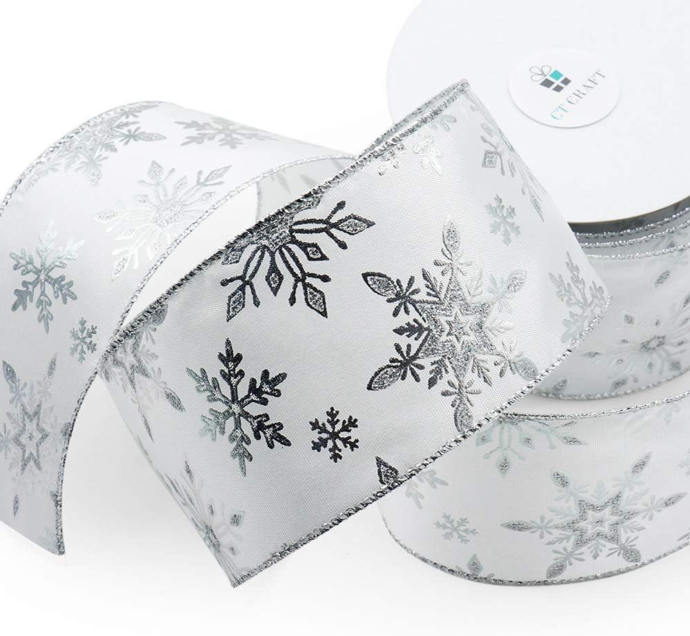 CT CRAFT LLC Satin with Silver Snowflake Wired Ribbon 2.5 Inch x 10 Yards for Christmas Home Decor Tree Topper Bow Gift Wrapping DIY Crafts Wreath Garland