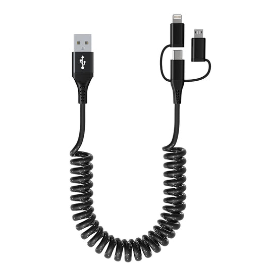 USB to USB-C Lightning Micro-USB Cable Combo 3 in 1 Coiled Cable Support Carplay & Android Auto [MFi & 3A Fast Charge & Data Sync] Coiled Lightning/USB C/Micro-USB Cable for iPhone 17 16 15 14 Android
