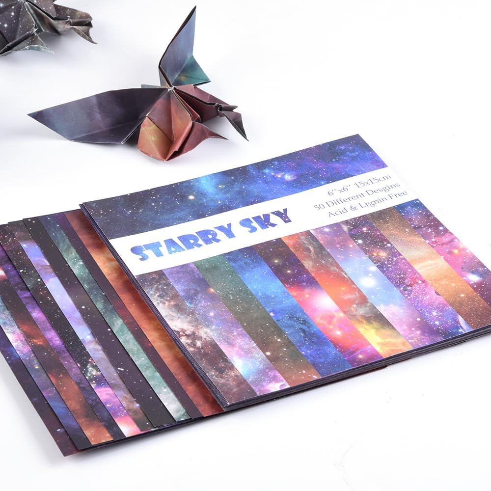 Origami Paper Kit 50 Sheets 70GSM 6 Inch Square Double Sided Color 50 Vivid Japanese Washi Chiyo Colors for Hand Crafts Origami Paper Arts Creativity.Galaxy