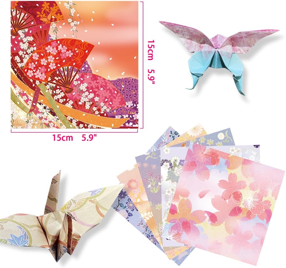 Square Origami Paper 6x6 Double Sided 50 Sheets 50 Colors 70GSM Origami Kit Japanese Chiyo Easy Fold Arts Crafts DIY Handwork Beginner Oriental Cherry
