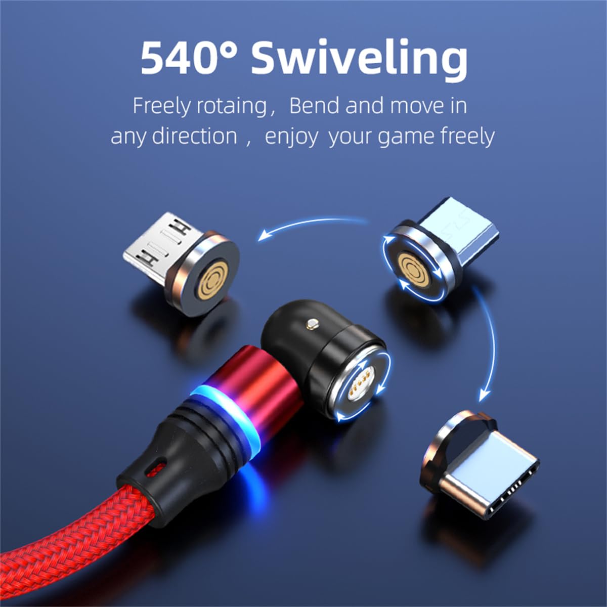 Magnetic Charging Cable (6-Pack,1.6+3.3+3.3+6.6+6.6+10ft) 540° Rotation Magnet Phone Charger USB C Cable 3A Fast Charging Magnetic Charger Cable with LED Light for Micro USB Type C Device