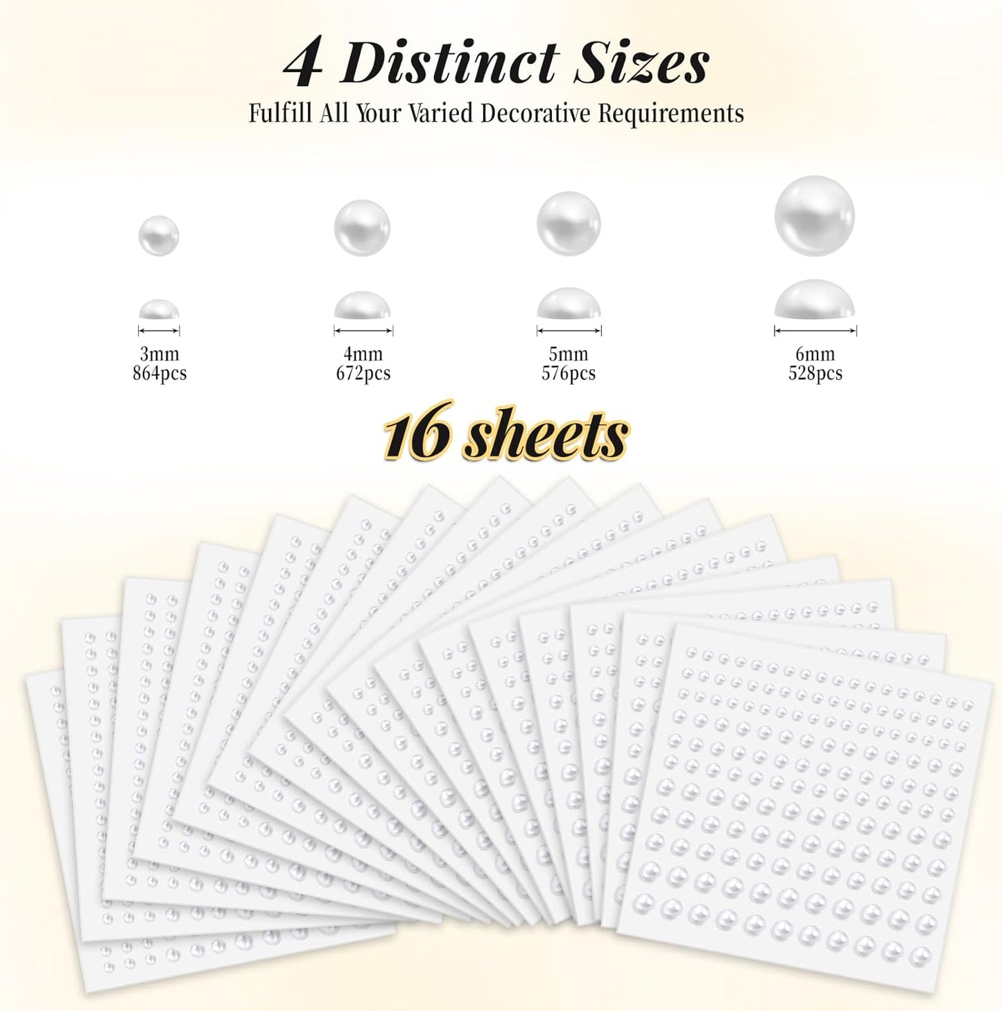 Pearl Stickers Self Adhesive Hair Pearls Gem White Jewel Sticker for Making Hair Decor Face,Body, Nail, Phone Art Craft Scrapbooking Embellishments Assorted Size 3mm/4mm/5mm/6mm (2640)