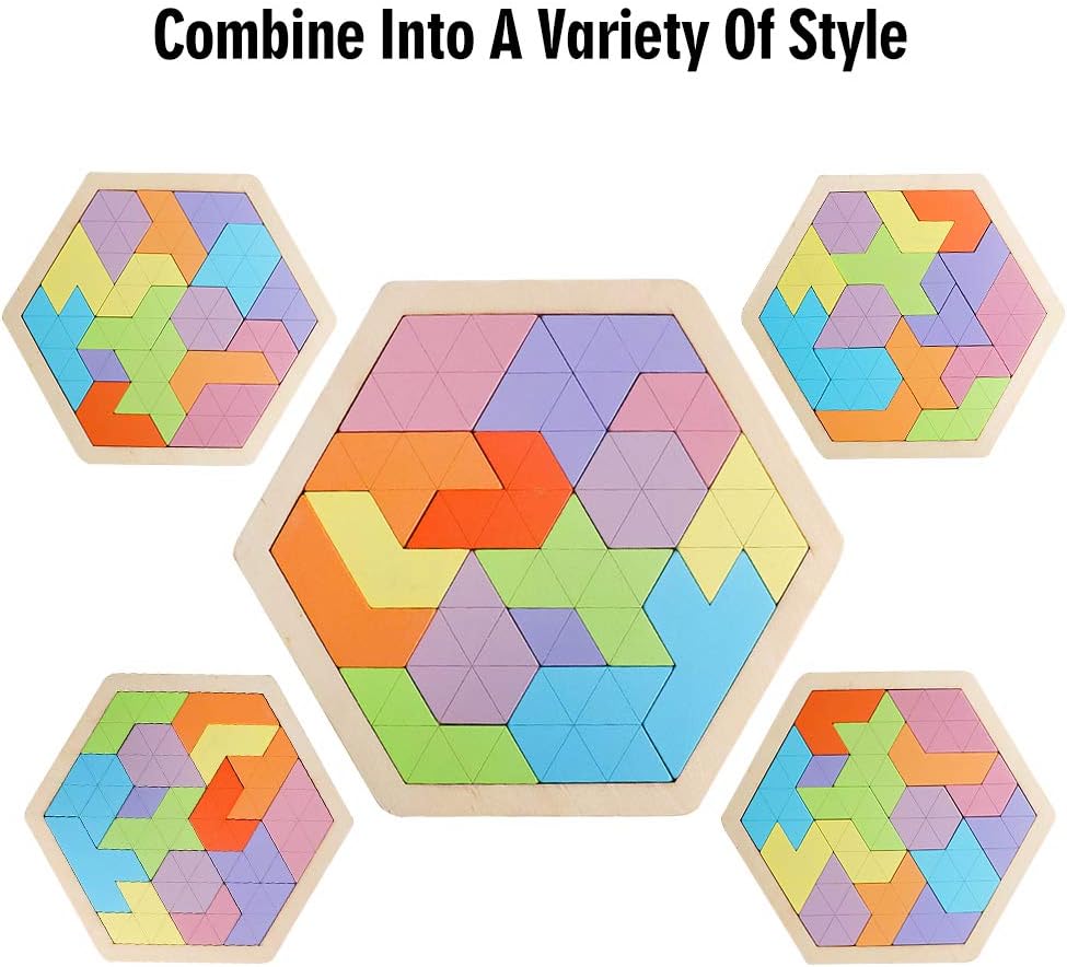 Skrtuan Wooden Hexagon Puzzle for Kid Adults Wooden Blocks Puzzle Brain Teasers Toy Shape Pattern Blocks Tangram Puzzles Games Family Portable Montessori Educational Gift for Kid Children