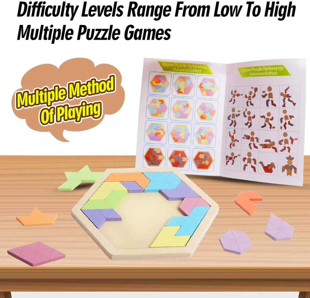 Skrtuan Wooden Hexagon Puzzle for Kid Adults Wooden Blocks Puzzle Brain Teasers Toy Shape Pattern Blocks Tangram Puzzles Games Family Portable Montessori Educational Gift for Kid Children