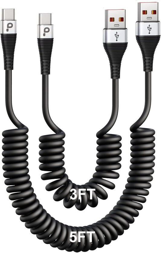 USB Type C Coiled Cable Fast Charging (3FT/5FT), 2Pack Android Auto Charging Cord for Car, Short USB A to USB C Charge Cable Compatible with iPhone 17/16/15/Pro Max/Samsung Galaxy S20 Note 10 and More