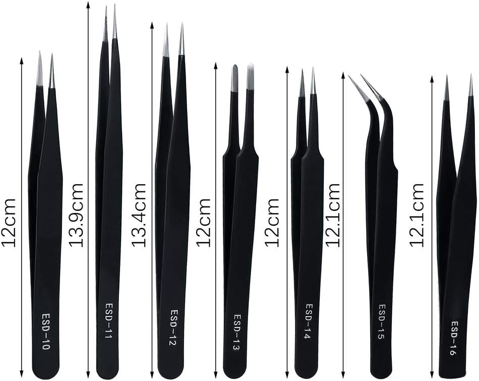 Precision ESD Anti-Static Tweezers, 7 pcs Stainless Steel Tweezers Set for Electronics, Jewelry-making, Laboratory Work, Repairing, Hobbies