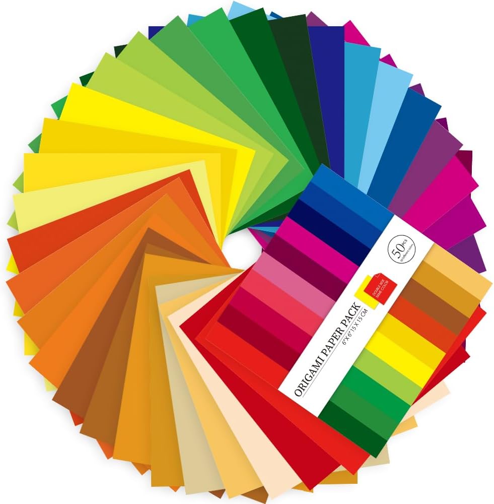 Origami Paper Kit 100 Sheets 70GSM 6 Inch Square Double Sided Color 50 Vivid Solid Colors for Hand Crafts Origami Paper Arts Creativity. Solid Color