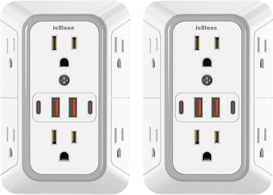 2 Pack Outlet Extender Surge Protector, 6 Outlet Splitter with 4 USB Outlet (2 USB A,2 USB C), 3Sided Power Strip with Adapter Spaced Outlets for Home, Office, Travel(White)