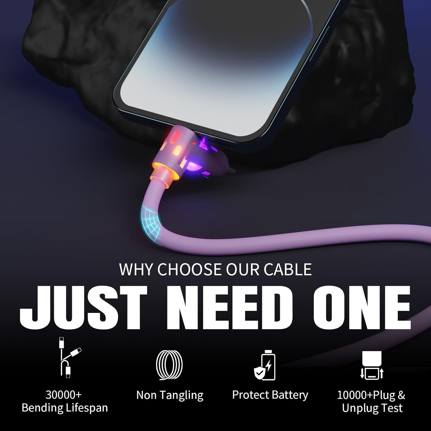 240W USB C Cable,4 in 1 Charging Cable Fast Charging & Data Sync,Multi USB Charging Cable with Breathing Light,Charger Cord for iPhone 17/16/15 14 13 iPad Galaxy MacBook iPad Tablets,Purple 5Ft