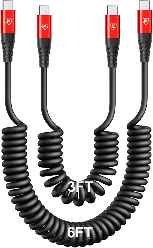 KIYODA Coiled USB C Cable for Car 3FT & 6FT, USB C to USB C Fast Charging Cable USB Type C Cord Compatible with iPhone 17/16/15/Plus/Pro/Pro Max/MacBook Pro 2020/iPad Pro 2020/Samsung Galaxy S23-Red