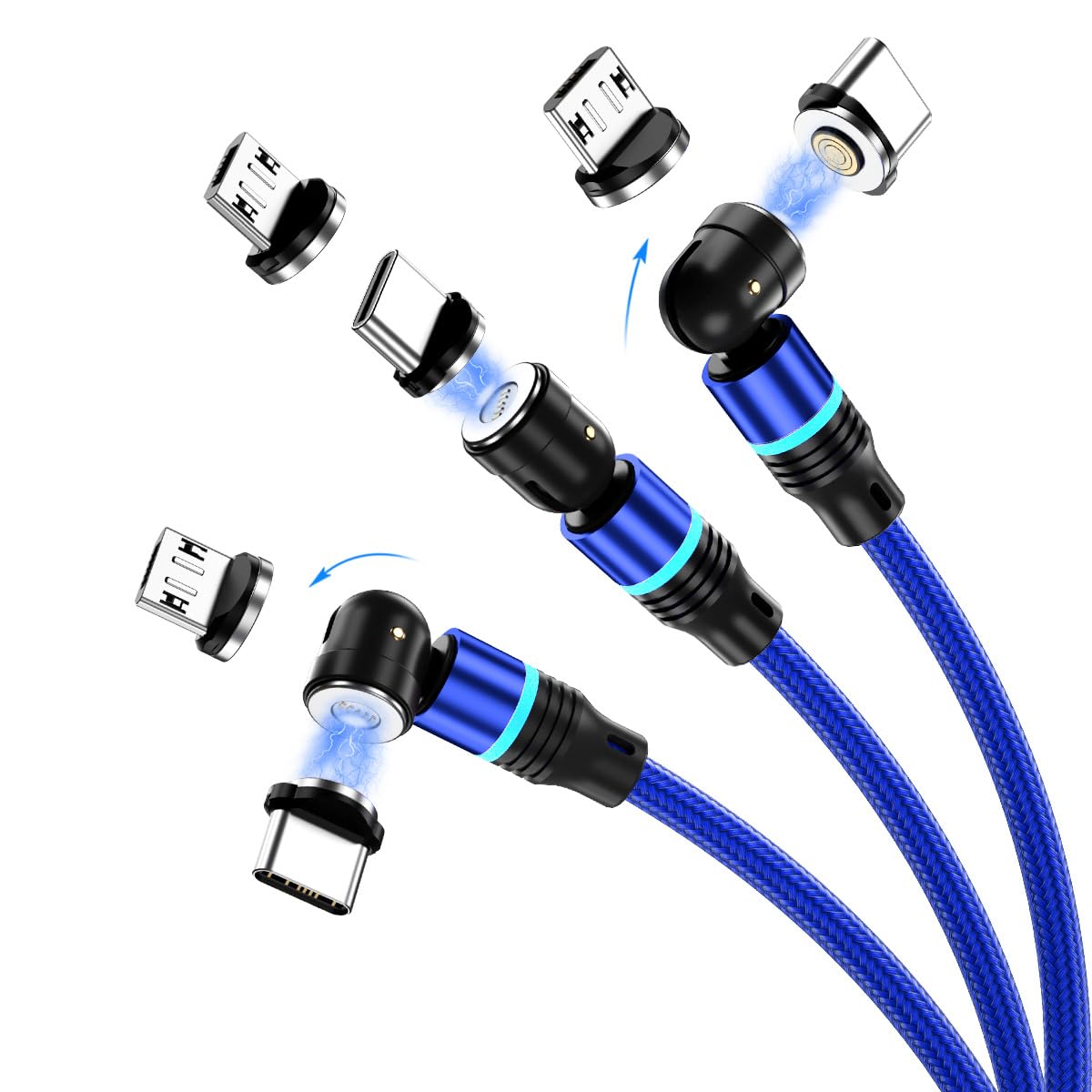 Magnetic Charging Cable (6-Pack,1.6+3.3+3.3+6.6+6.6+10ft) 540° Rotation Magnet Phone Charger USB C Cable 3A Fast Charging Magnetic Charger Cable with LED Light for Micro USB Type C Device