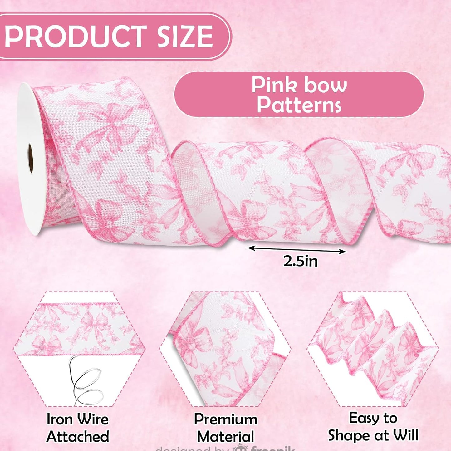 Pink Floral Bow Wired Edge Ribbon Chinoiserie Flower Bowknot Fabric Ribbon for DIY Crafts Wreath Bow Making Supplies, 12 Yard