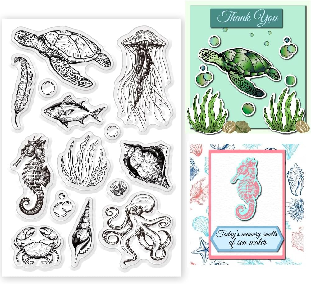 Summer Ocean Sea Turtle Clear Stamps for DIY Craft Turtle Clear Stamps for Card Making Decoration Marine Shell Starfish Animals Seahorse Transparent Silicone Seals Stamp Rubber Stamps Decor