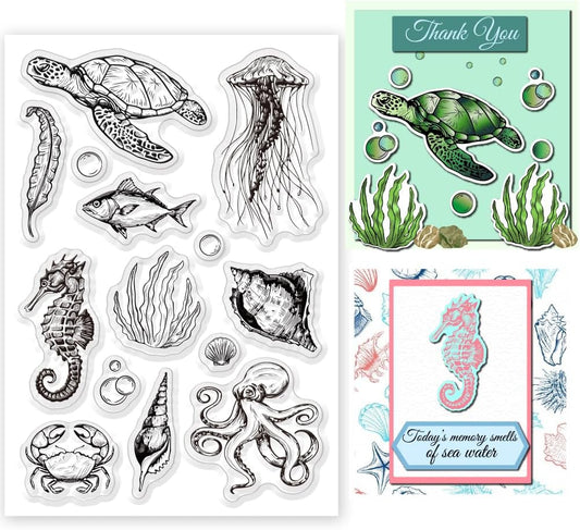 Summer Ocean Sea Turtle Clear Stamps for DIY Craft Turtle Clear Stamps for Card Making Decoration Marine Shell Starfish Animals Seahorse Transparent Silicone Seals Stamp Rubber Stamps Decor