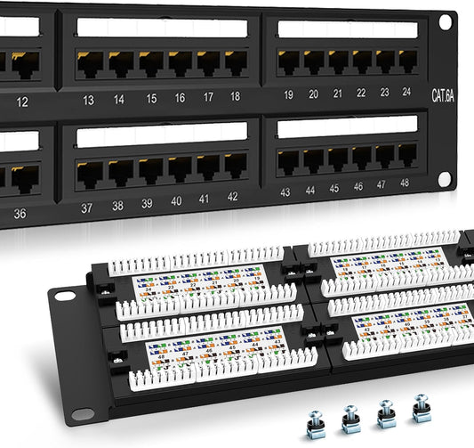 Patch Panel 48 Port Cat6A 【EC Listed】 2U Network Patch Panel Rackmount 19 inch RJ45 Patch Panel for 10 Gigabit Network, 110 or Krone Impact Tools Compatible Without Cable Management (Cat6A)