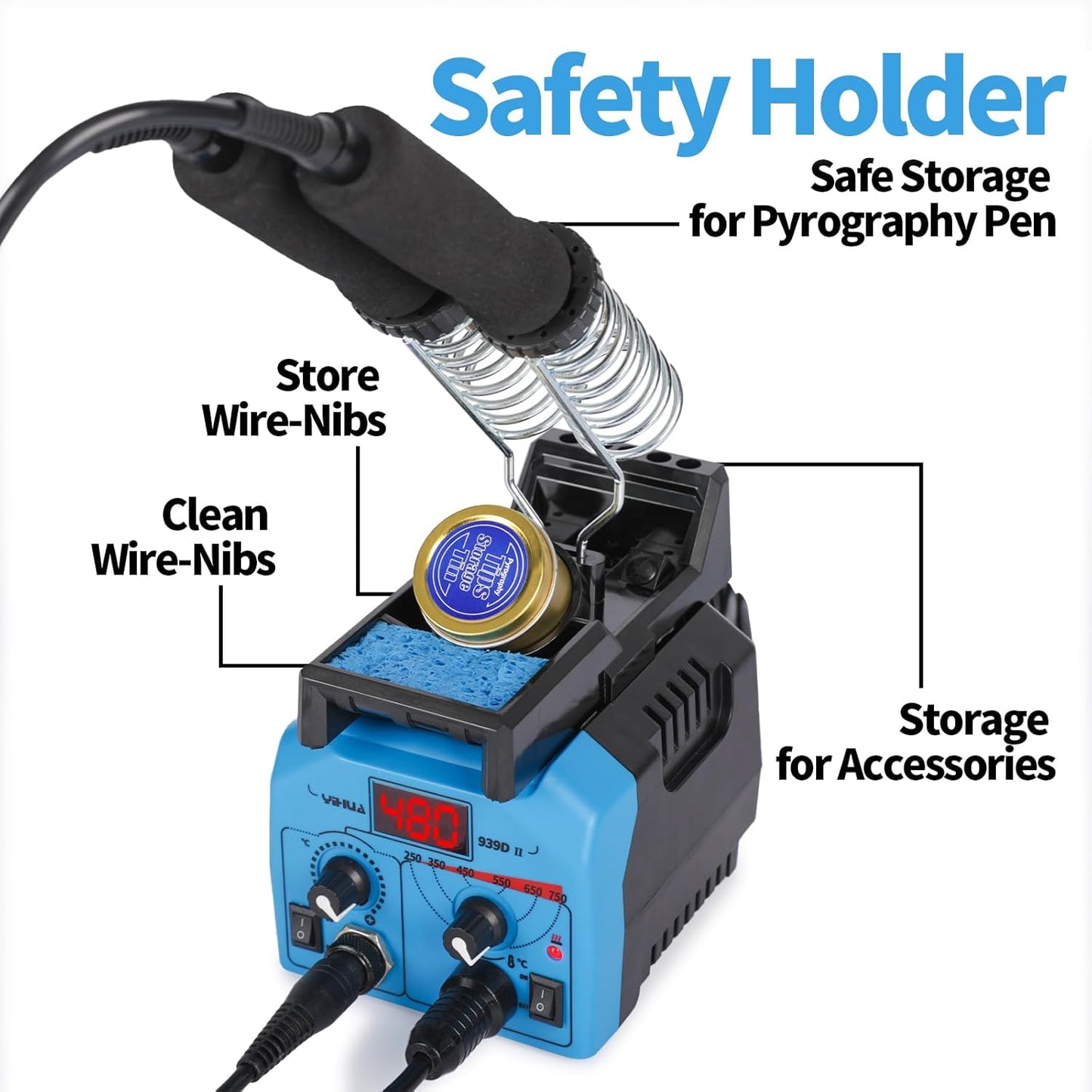 YIHUA 939D-II Pyrography Pen Wood Burning Kit Station 2-in-1 Solid-Point 200~480°C (with Temp Display)/Wire-Nib 250~750°C with 20 Nibs, Solid Points, 1 Stable Pen Holder, 2 Scrap Wood (Blue)