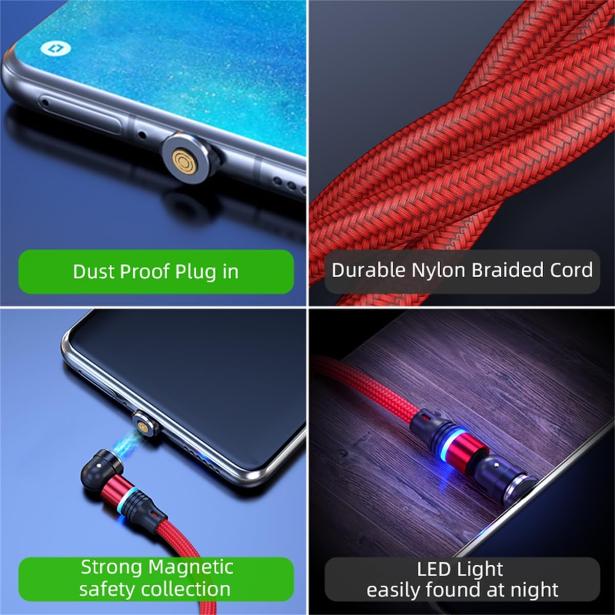 Magnetic Charging Cable (6-Pack,1.6+3.3+3.3+6.6+6.6+10ft) 540° Rotation 3A Fast Charging Data Sync 3 in 1 Magnetic Phone Charger Cable with LED Light Compatible with Micro USB Type C Phone Device