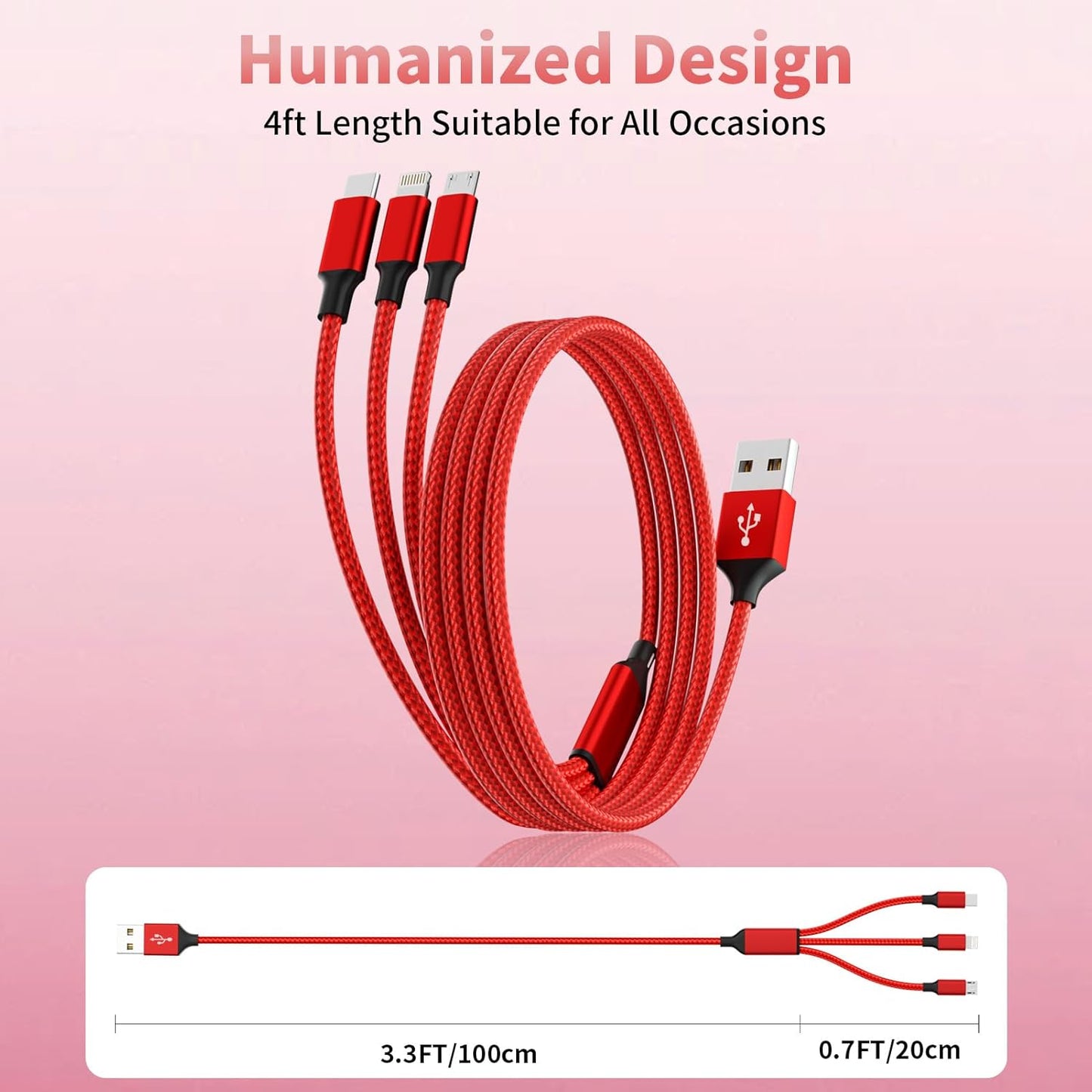 Multi Charging Cable, (2 Pack 4FT) Multi USB Charger Cable 3 in 1 Charging Nylon Braided Charging Cord with Type-C, Micro USB, IP Port for Most Phones/iPhones/Tablets, Red